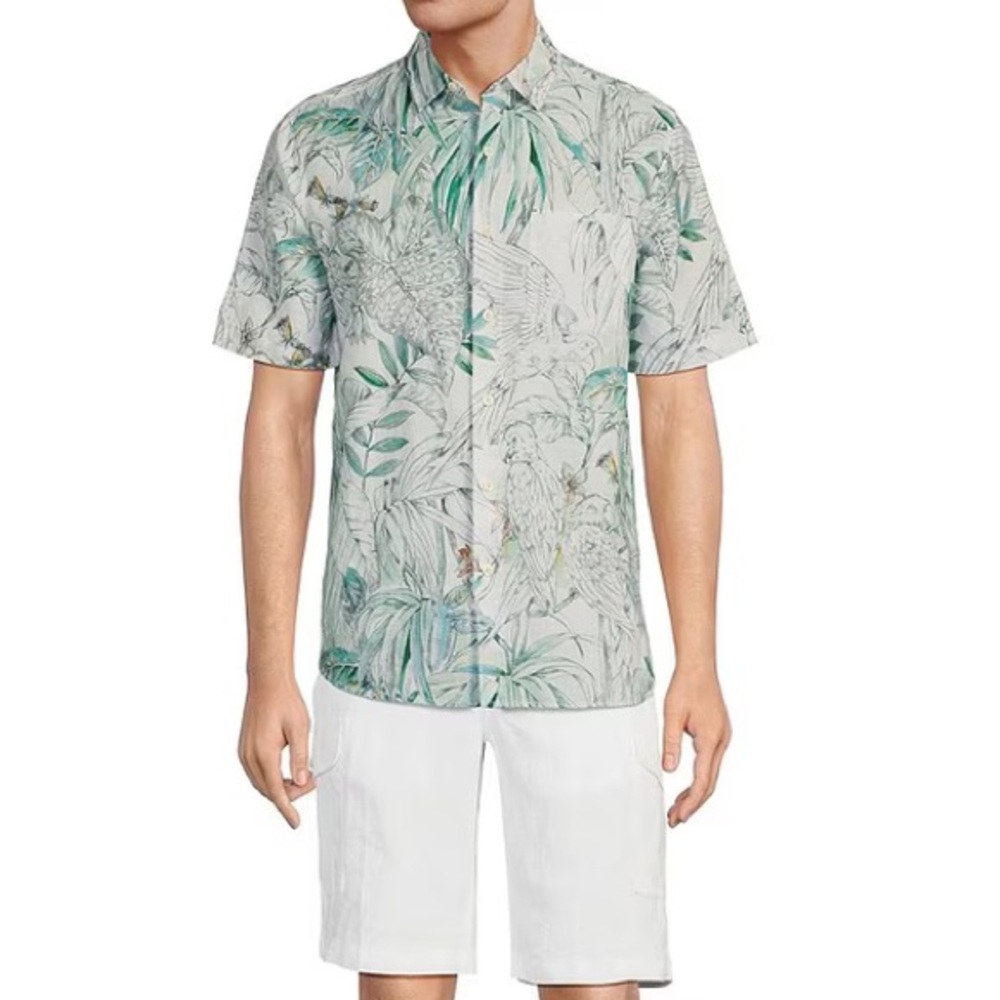 CARIBBEAN Linen Green White Tropical Animal Bird Print Button Down Shirt NWT